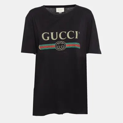 Pre-owned Gucci Black Logo Print Jersey Distressed T-shirt M