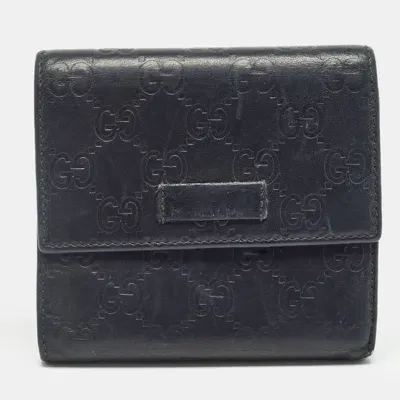 Pre-owned Gucci Black Microssima Leather Logo Trifold Wallet