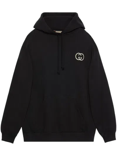 Gucci Interlocking G-patch Drawstring Hoodie In Schwarz