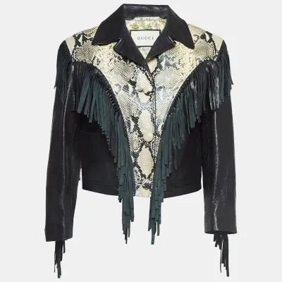 Pre-owned Gucci Black Python Embossed Fringed Leather Jacket M