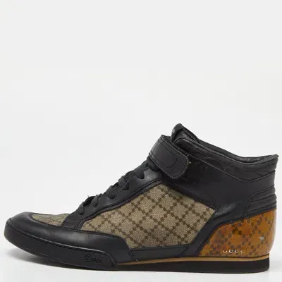 Pre-owned Gucci Black/beige Leather And Diamante Canvas High Top Sneakers Size 42