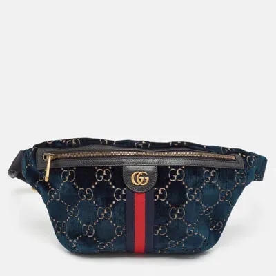 Pre-owned Gucci Blue Gg Velvet And Leather Web Belt Bag