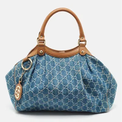 Pre-owned Gucci Blue/brown Gg Denim And Leather Medium Sukey Tote