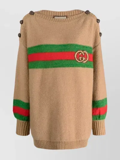 Gucci Striped Boat-neck Relaxed-fit Wool-blend Jumper In Camel