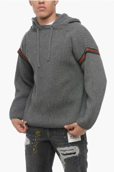 Gucci Cashmere Blend Hoodie With Iconic Detail In Gray