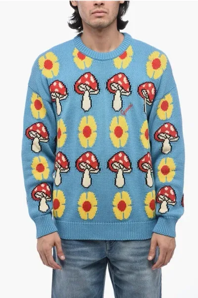 Gucci Crew Neck Mushroom Cotton Blend Sweater In Blue