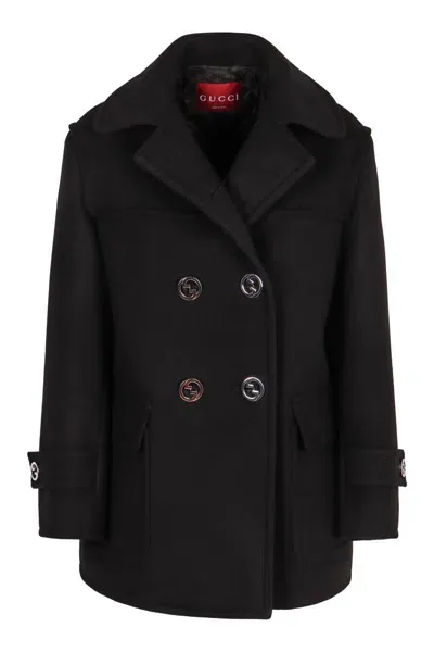 Gucci Double-breasted Wool Coat In Black