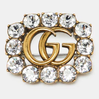 Pre-owned Gucci Gg Crystals Aged Gold Tone Pin Brooch