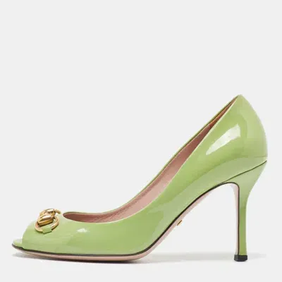 Pre-owned Gucci Green Patent Horsebit Peep Toe Pumps Size 36