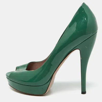 Pre-owned Gucci Green Patent Leather Peep Toe Platform Pumps Size 39