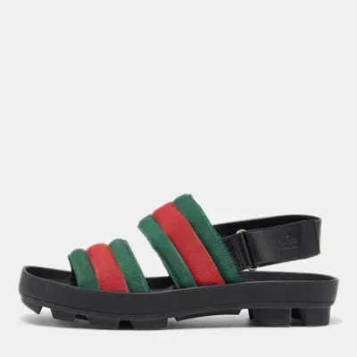 Pre-owned Gucci Green/red Web Canvas Flat Sandals Size 41 In Black