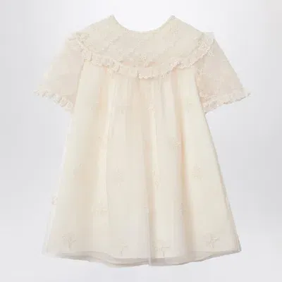 Gucci Ivory Nylon Tulle Dress With Floral Embroidery In Neutral