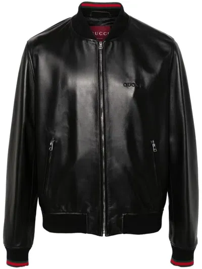 Gucci Leather Bomber Jacket In Black  