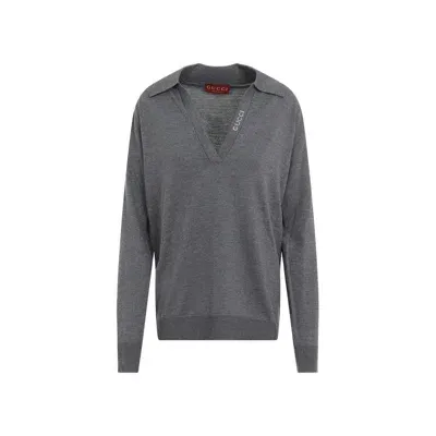 Gucci Logo Intarsia Collared Sweater In Gray