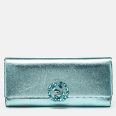 Pre-owned Gucci Metallic Leather Crystal Interlocking G Broadway Clutch