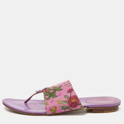 Pre-owned Gucci Purple Floral Canvas And Leather Thong Slide Flats Size 39.5