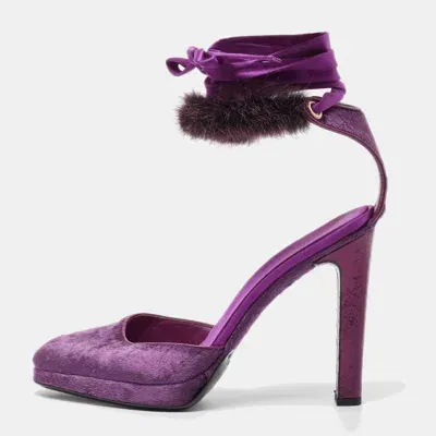 Pre-owned Gucci Purple Velvet And Mink Fur Ankle Strap Sandals Size 37.5