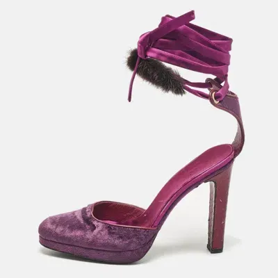 Pre-owned Gucci Purple Velvet And Mink Fur Ankle Tie Pumps Size 37