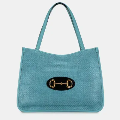 Pre-owned Gucci Raffia Horsebit 1955 Tote In Blue