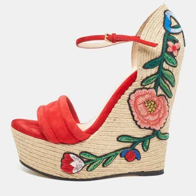 Pre-owned Gucci Red/beige Suede Floral Embroidered Espadrille Wedge Platform Ankle Strap Sandals Size 37.5