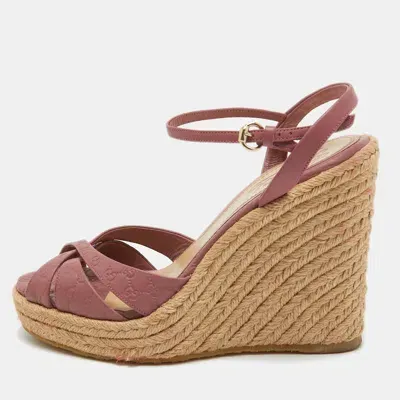 Pre-owned Gucci Ssima Leather Espadrille Wedge Platform Ankle Strap Sandals Size 36.5 In Pink