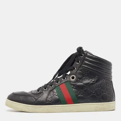 Pre-owned Gucci Ssima Leather Web High Top Sneakers Size 43 In Black