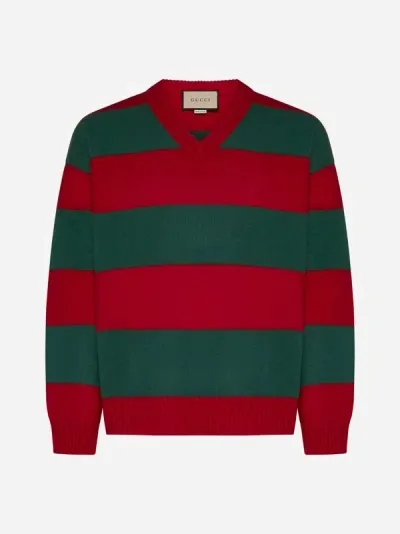 Gucci Striped Wool Blend V Neck Sweater In Red