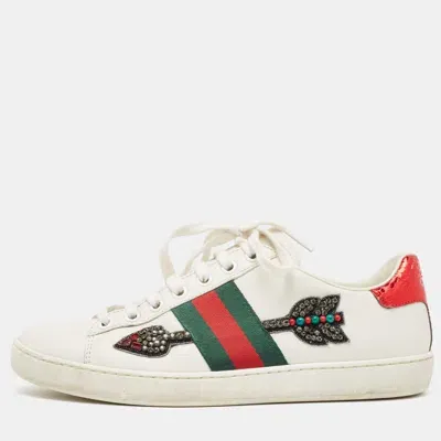 Pre-owned Gucci White Leather Embellished Arrow Ace Sneakers Size 36