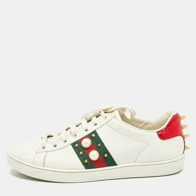 Pre-owned Gucci White Leather Studded And Spiked Ace Sneakers Size 37