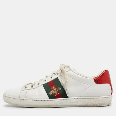 Pre-owned Gucci White Leather Web Ace Lace Up Sneakers Size 37.5