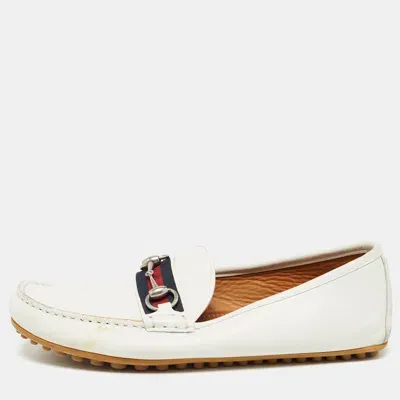 Pre-owned Gucci White Leather Web Horsebit Loafers Size 41