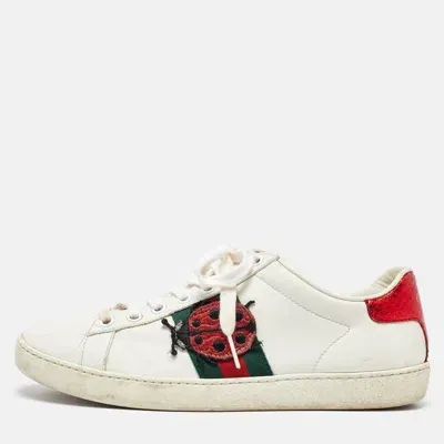 Pre-owned Gucci White/red Leather And Snake Embossed Leather Ace Pineapple Sneakers Size 36