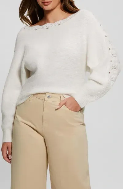 Guess Malorie Pointelle Detail Dolman Sleeve Sweater In White