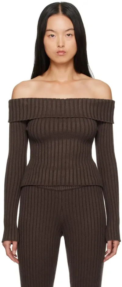 Guizio Brown Thalia Off Shoulder Sweater In Chocloate