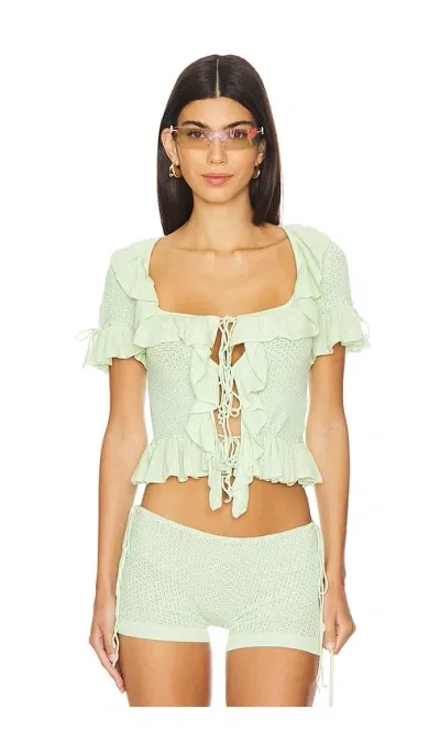 Guizio Crochet Ruffle Knit Tie Top In Pistachio