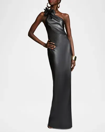 Halston Rhia One-shoulder Faux Leather Column Gown In Black