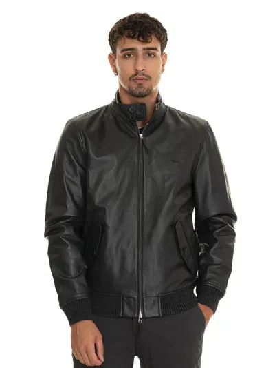 Harmont & Blaine Leather Harrington Jacket In Black