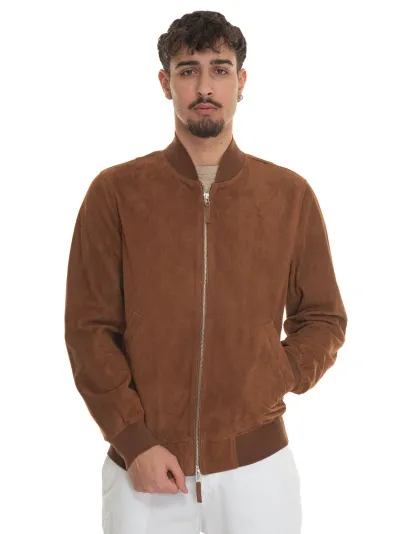 Harmont & Blaine P0l037 Leather Harrington Jacket In Cognac