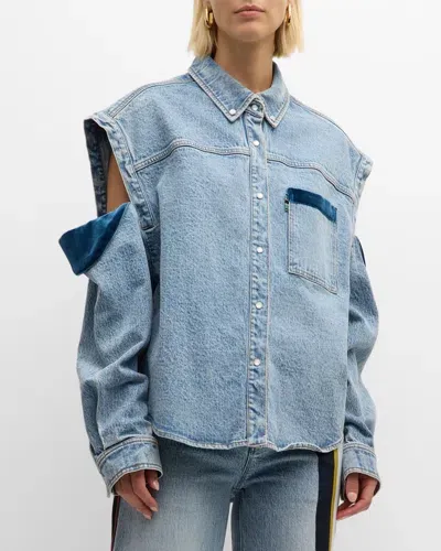 Hellessy Culter Velvet-trim Cold-shoulder Oversized Denim Shirt In Lili Wash/blue