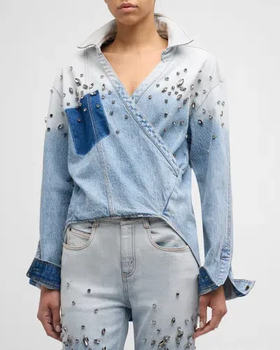 Hellessy Hart Crystal Embellished Gradient Wash Denim Wrap Shirt In Blue