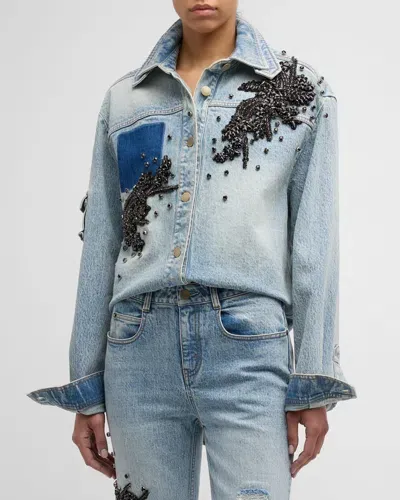 Hellessy Otis Crystal Embellished High-low Denim Shirt In Medium Wash