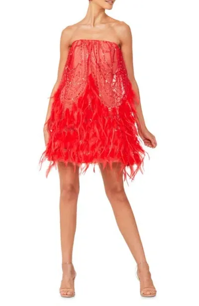 Helsi Stevie Sequin & Feather Strapless Cocktail Minidress In Red