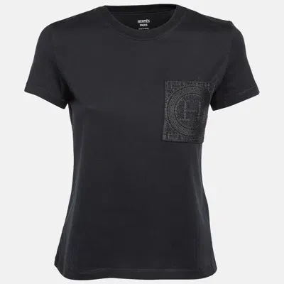 Pre-owned Hermes Black Cotton Embroidered Pocket Detailed T-shirt S