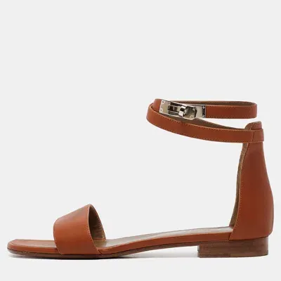 Pre-owned Hermes Brown Leather Manege Ankle Strap Flat Sandals Size 39