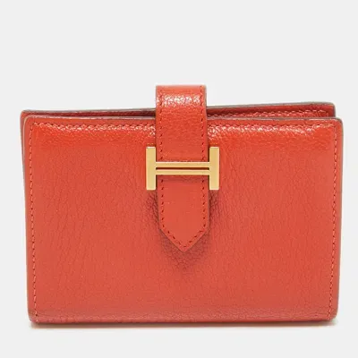 Pre-owned Hermes Capucine Chevre Leather Bearn Card Holder In Orange