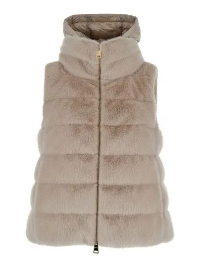 Herno Beige Sleeveless Down Jacket With Detachable Hood In Faux Fur Woman In Neutrals