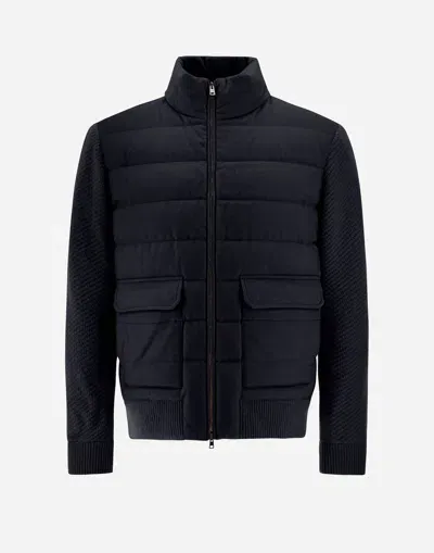 Herno Bomber Jacket In Cashmere, Silk And Knit In Navy Blue