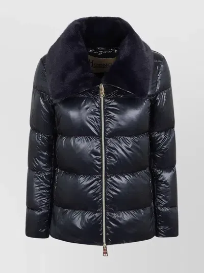 Herno Nylon Ultralight And Faux Fur Bomber Jacket In Blue