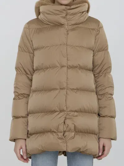 Herno Down Jacket In Nylon And Eco-fur In Camel