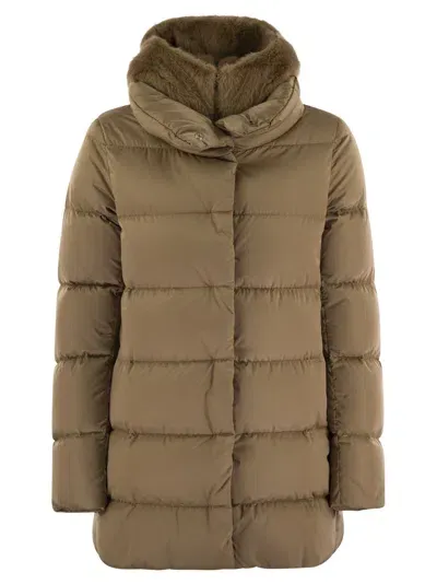 Herno Down Jacket With Bib And Cruelty Free Fur Hood In Camel